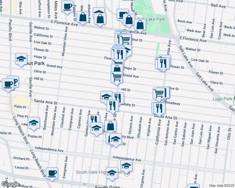 map of restaurants, bars, coffee shops, grocery stores, and more near 7824 State Street in Huntington Park