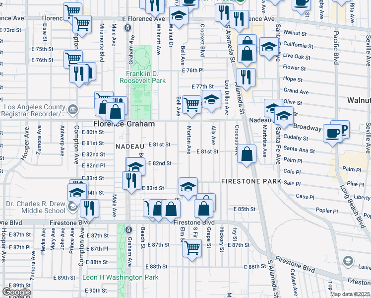 map of restaurants, bars, coffee shops, grocery stores, and more near in Florence-Graham