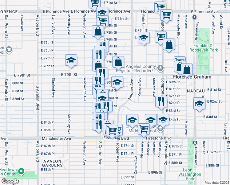 map of restaurants, bars, coffee shops, grocery stores, and more near 1203 East 81st Street in Los Angeles