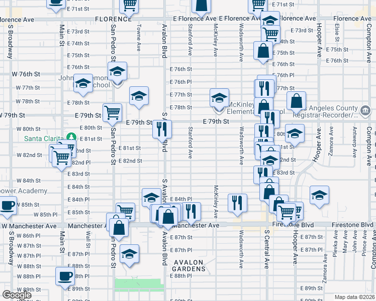 map of restaurants, bars, coffee shops, grocery stores, and more near 8015 Stanford Avenue in Los Angeles