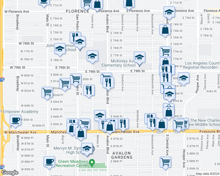 map of restaurants, bars, coffee shops, grocery stores, and more near 612 East 80th Street in Los Angeles