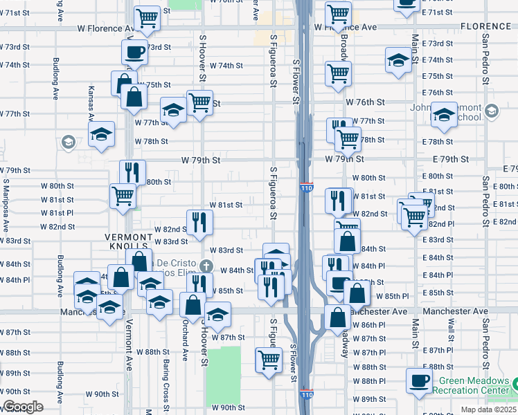 map of restaurants, bars, coffee shops, grocery stores, and more near 539 West 81st Street in Los Angeles