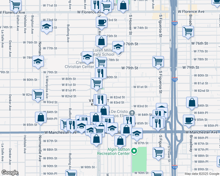 map of restaurants, bars, coffee shops, grocery stores, and more near 923 1/2 West 81st Street in Los Angeles