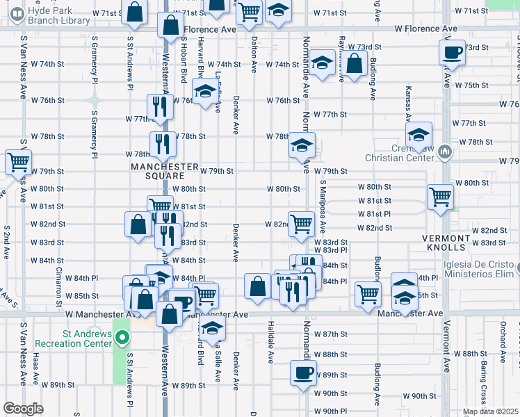map of restaurants, bars, coffee shops, grocery stores, and more near 1528 West 80th Street in Los Angeles