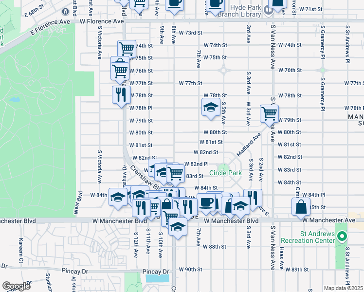 map of restaurants, bars, coffee shops, grocery stores, and more near 3015 West 81st Street in Inglewood