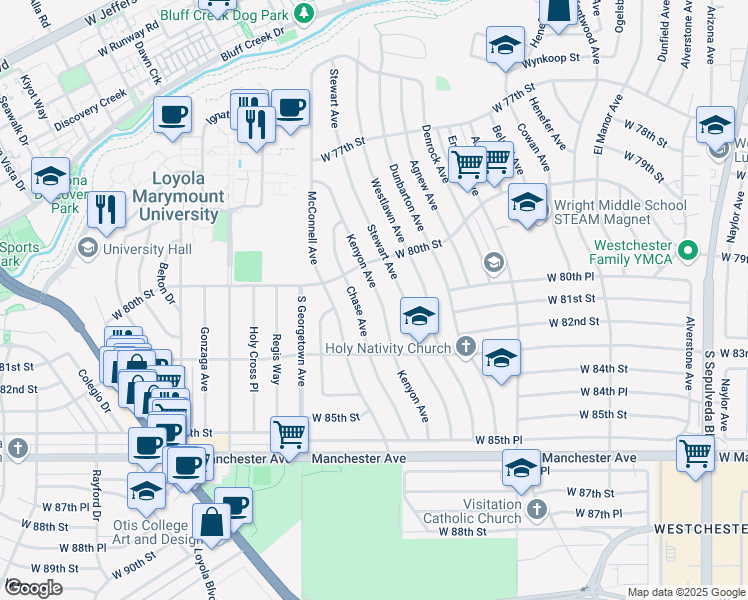 map of restaurants, bars, coffee shops, grocery stores, and more near 8025 Stewart Avenue in Los Angeles