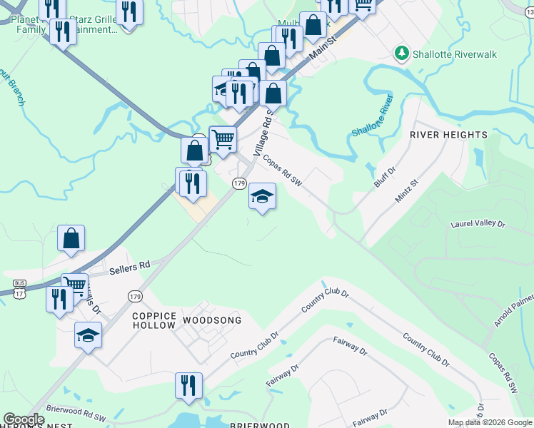 map of restaurants, bars, coffee shops, grocery stores, and more near 225 Village Road in Shallotte