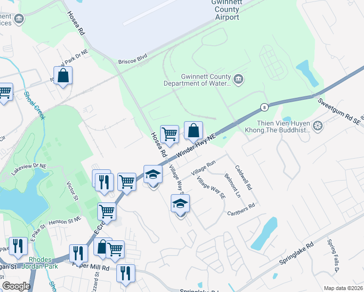 map of restaurants, bars, coffee shops, grocery stores, and more near 63 Timber Mist Lane in Lawrenceville