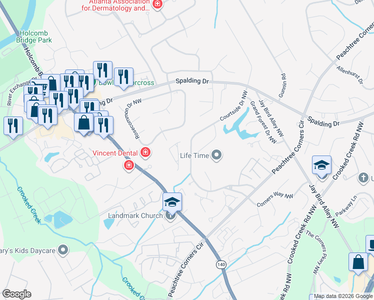 map of restaurants, bars, coffee shops, grocery stores, and more near 6235 Courtside Drive Northwest in Norcross