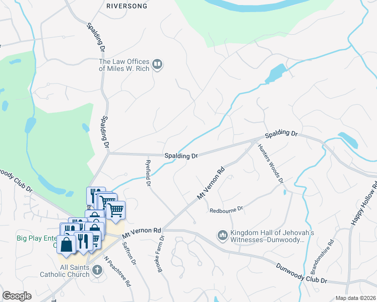 map of restaurants, bars, coffee shops, grocery stores, and more near 3400 Spalding Drive in Atlanta