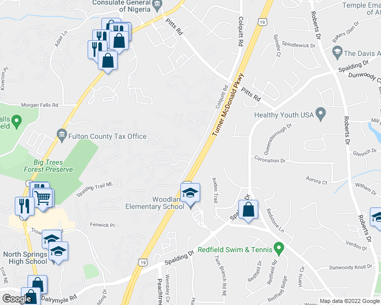map of restaurants, bars, coffee shops, grocery stores, and more near 4003 Treelodge Parkway in Sandy Springs