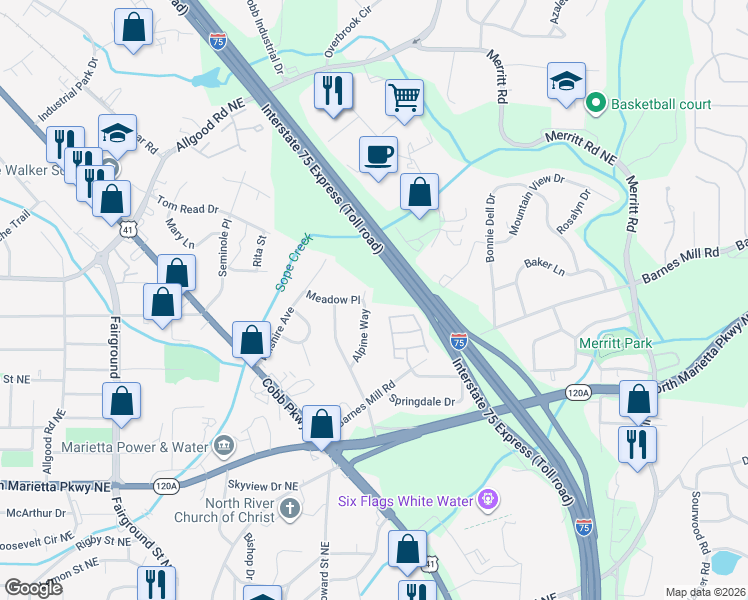 map of restaurants, bars, coffee shops, grocery stores, and more near 879 Meadow Place in Marietta