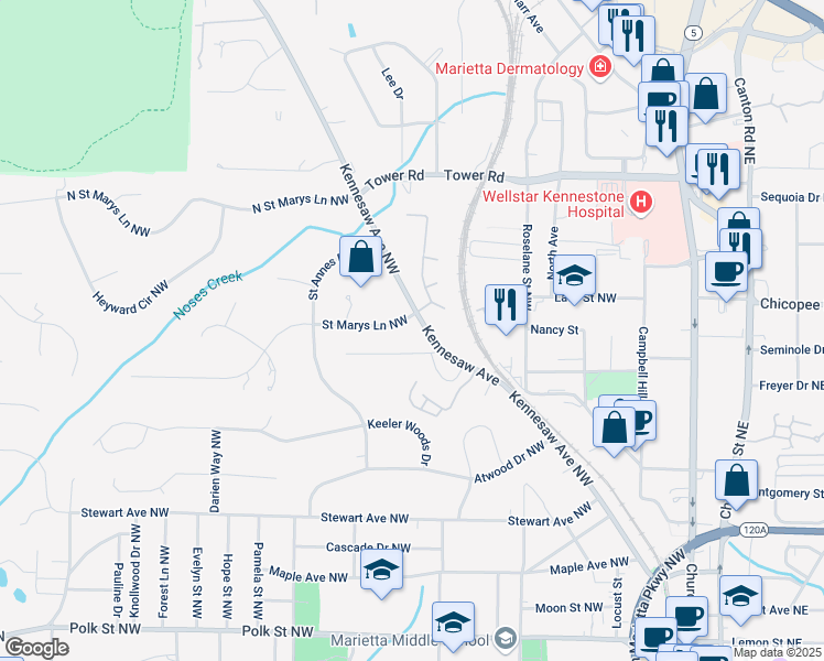 map of restaurants, bars, coffee shops, grocery stores, and more near 299 Saint Marys Lane Northwest in Marietta
