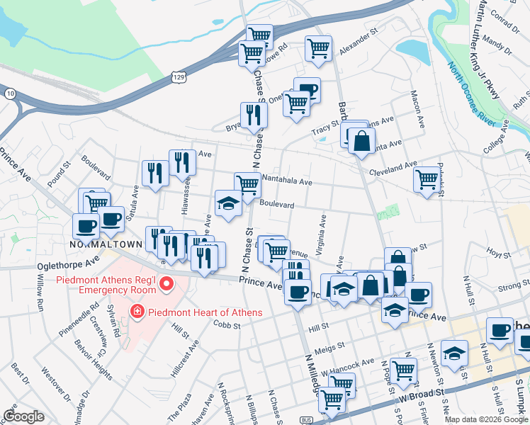 map of restaurants, bars, coffee shops, grocery stores, and more near 695 Boulevard in Athens