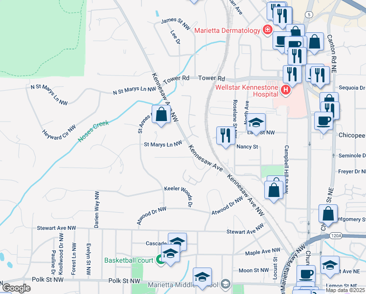 map of restaurants, bars, coffee shops, grocery stores, and more near 299 Saint Marys Lane Northwest in Marietta