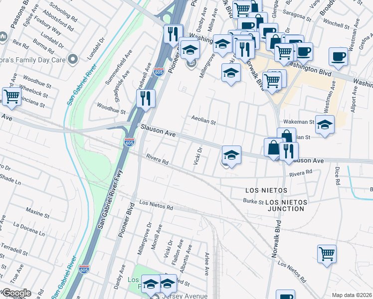map of restaurants, bars, coffee shops, grocery stores, and more near 8529 Morrill Avenue in Whittier