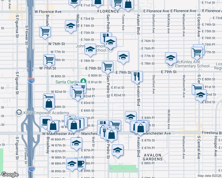 map of restaurants, bars, coffee shops, grocery stores, and more near 310 East 81st Street in Los Angeles