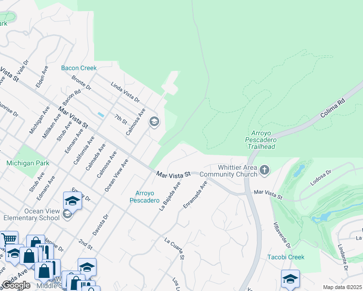 map of restaurants, bars, coffee shops, grocery stores, and more near 14701 Romero Drive in Whittier