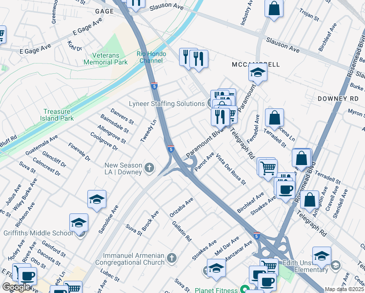 map of restaurants, bars, coffee shops, grocery stores, and more near 8030 Blandwood Road in Downey