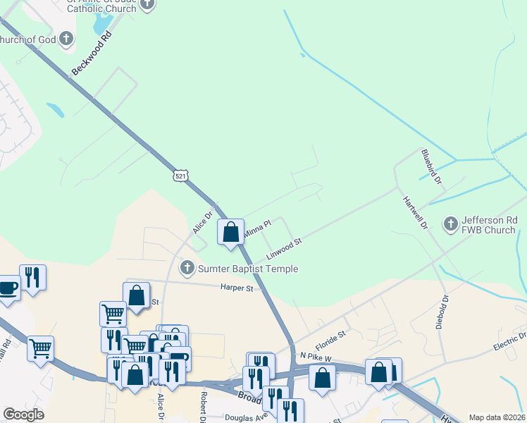 map of restaurants, bars, coffee shops, grocery stores, and more near 1447 Camden Highway in Sumter