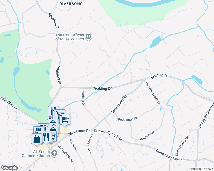map of restaurants, bars, coffee shops, grocery stores, and more near 3400 Spalding Drive in Atlanta