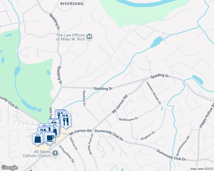 map of restaurants, bars, coffee shops, grocery stores, and more near 3400 Spalding Drive in Atlanta