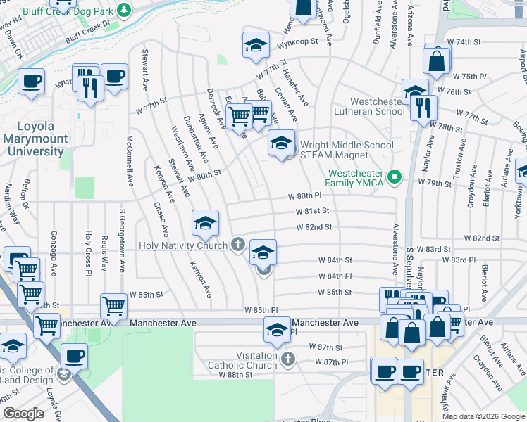 map of restaurants, bars, coffee shops, grocery stores, and more near 6611 West 81st Street in Los Angeles