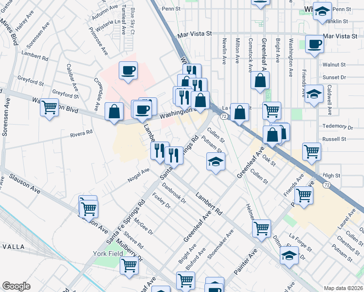 map of restaurants, bars, coffee shops, grocery stores, and more near 12563 Persing Drive in Whittier