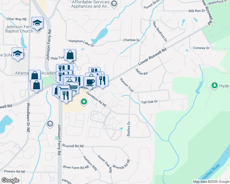 map of restaurants, bars, coffee shops, grocery stores, and more near 2002 Parkaire Crossing in Marietta