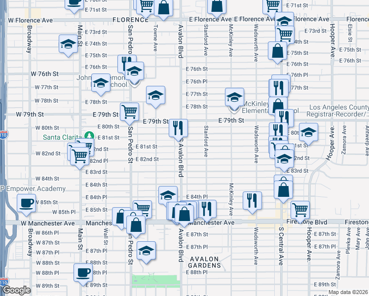 map of restaurants, bars, coffee shops, grocery stores, and more near 8100 Avalon Boulevard in Los Angeles