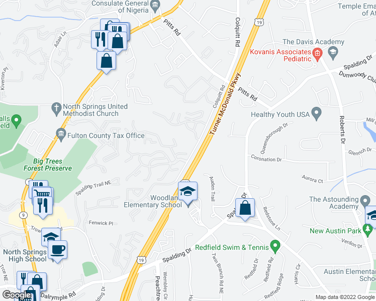map of restaurants, bars, coffee shops, grocery stores, and more near 4003 Treelodge Parkway in Sandy Springs
