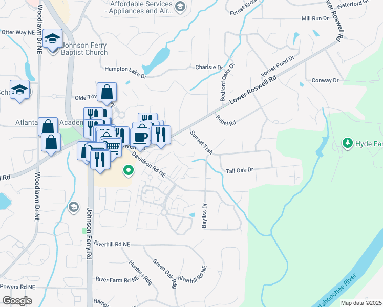 map of restaurants, bars, coffee shops, grocery stores, and more near 2002 Parkaire Crossing in Marietta