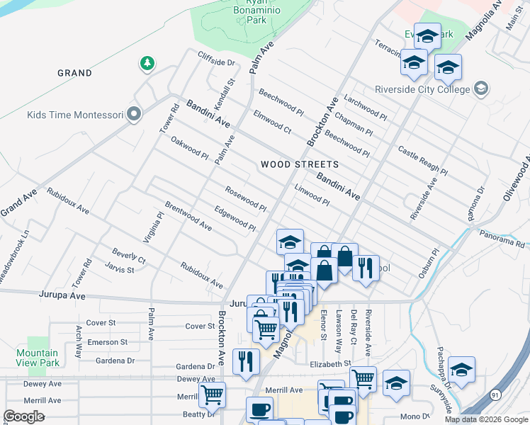 map of restaurants, bars, coffee shops, grocery stores, and more near 5705 Brockton Avenue in Riverside