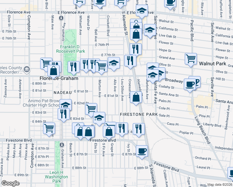 map of restaurants, bars, coffee shops, grocery stores, and more near 8036 Alix Avenue in Los Angeles