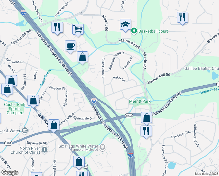 map of restaurants, bars, coffee shops, grocery stores, and more near 610 Bonnie Dell Drive in Marietta