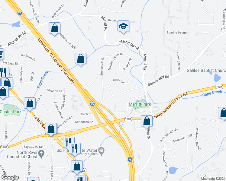 map of restaurants, bars, coffee shops, grocery stores, and more near 1044 Baker Lane in Marietta