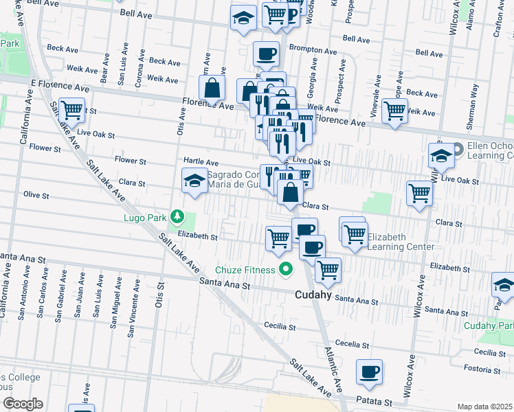map of restaurants, bars, coffee shops, grocery stores, and more near 4421 Clara Street in Cudahy