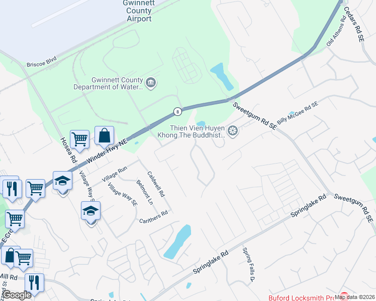 map of restaurants, bars, coffee shops, grocery stores, and more near 885 Amelia Grove Lane Southeast in Lawrenceville