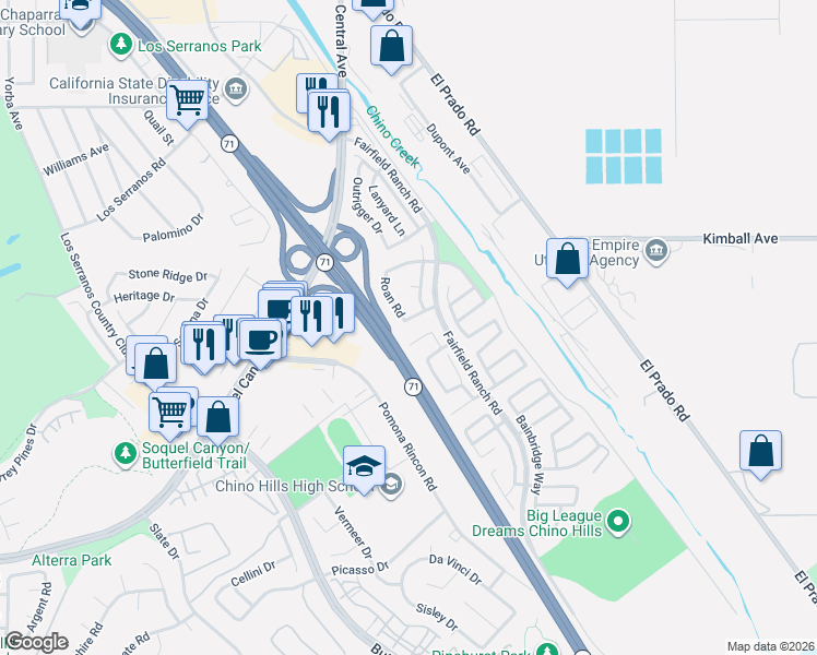 map of restaurants, bars, coffee shops, grocery stores, and more near 15806 Roan Road in Chino Hills