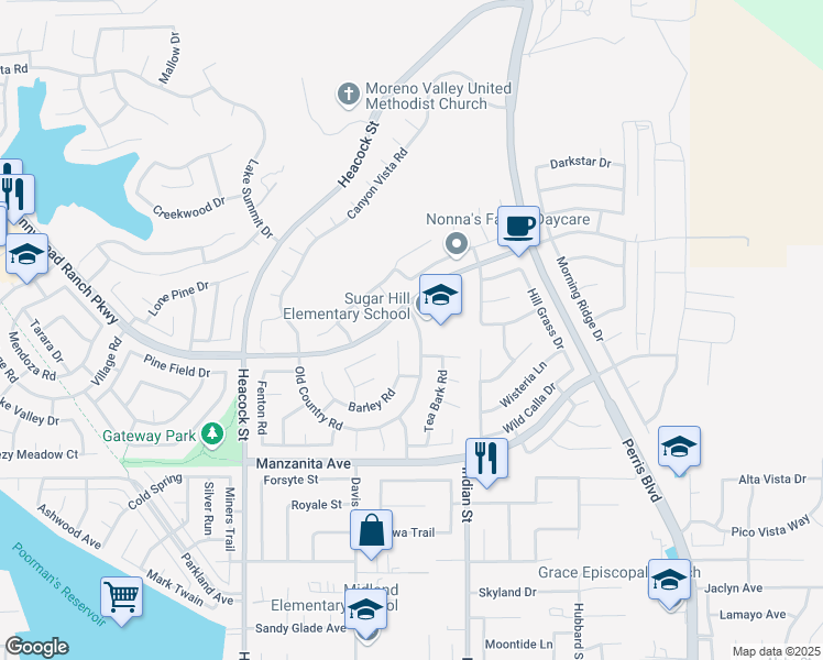 map of restaurants, bars, coffee shops, grocery stores, and more near 24472 Old Country Road in Moreno Valley