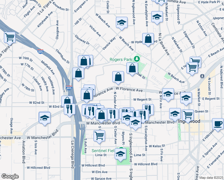 map of restaurants, bars, coffee shops, grocery stores, and more near 516 West Florence Avenue in Inglewood