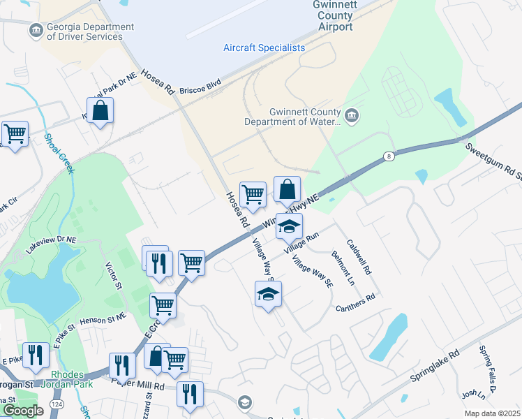 map of restaurants, bars, coffee shops, grocery stores, and more near 112 Timber Mist Lane in Lawrenceville