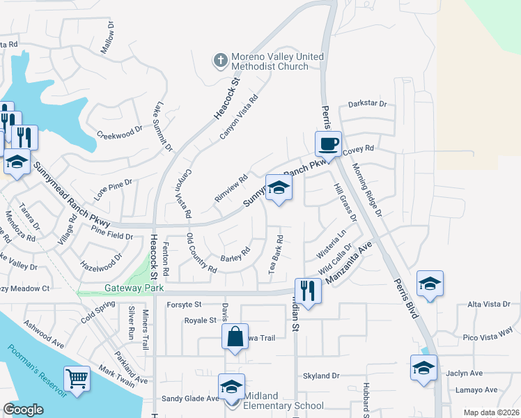 map of restaurants, bars, coffee shops, grocery stores, and more near 24455 Old Country Road in Moreno Valley