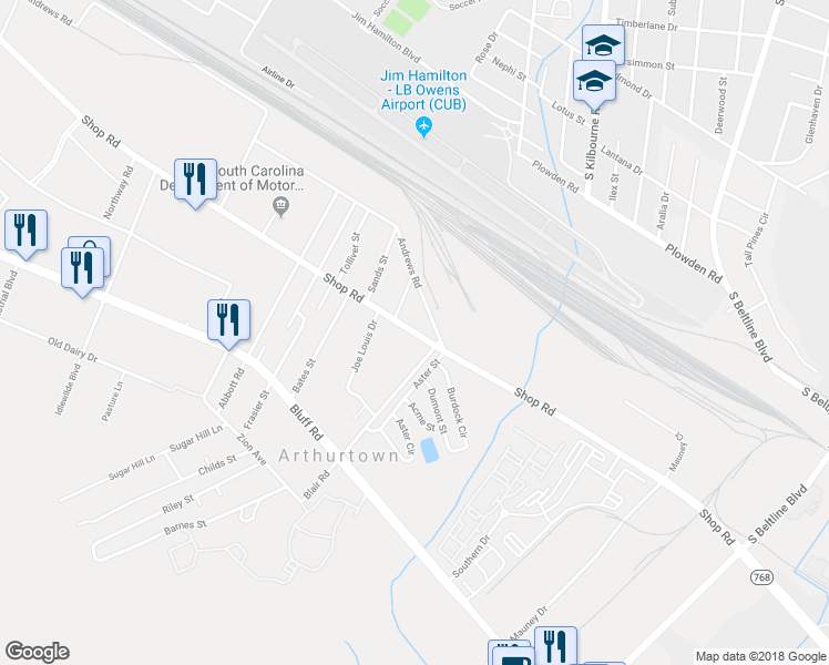 map of restaurants, bars, coffee shops, grocery stores, and more near 1851 Shop Road in Columbia