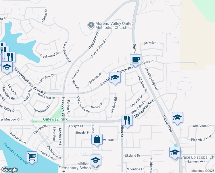 map of restaurants, bars, coffee shops, grocery stores, and more near 24472 Old Country Road in Moreno Valley