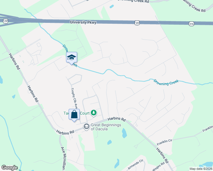 map of restaurants, bars, coffee shops, grocery stores, and more near 1179 Brookton Chase Court in Dacula