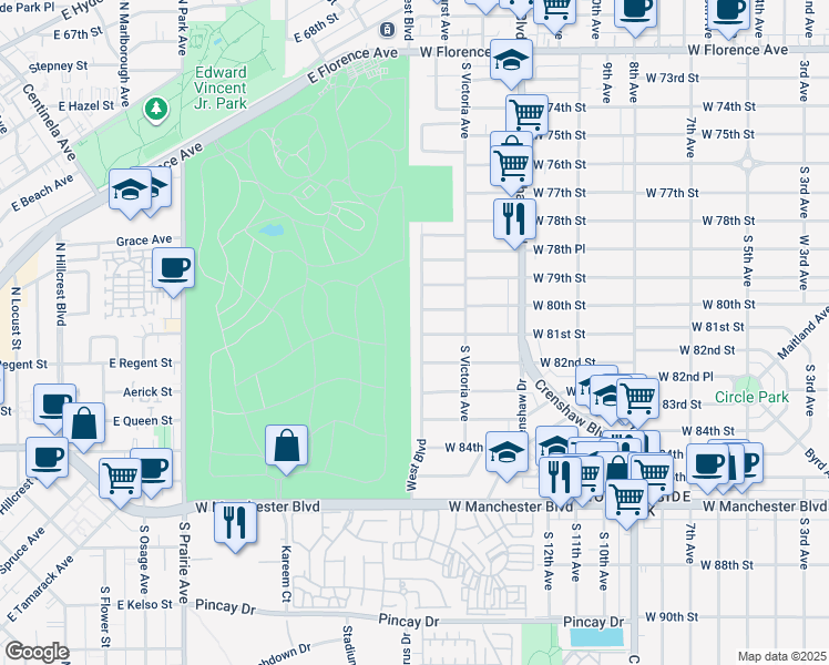 map of restaurants, bars, coffee shops, grocery stores, and more near 8021 West Boulevard in Inglewood
