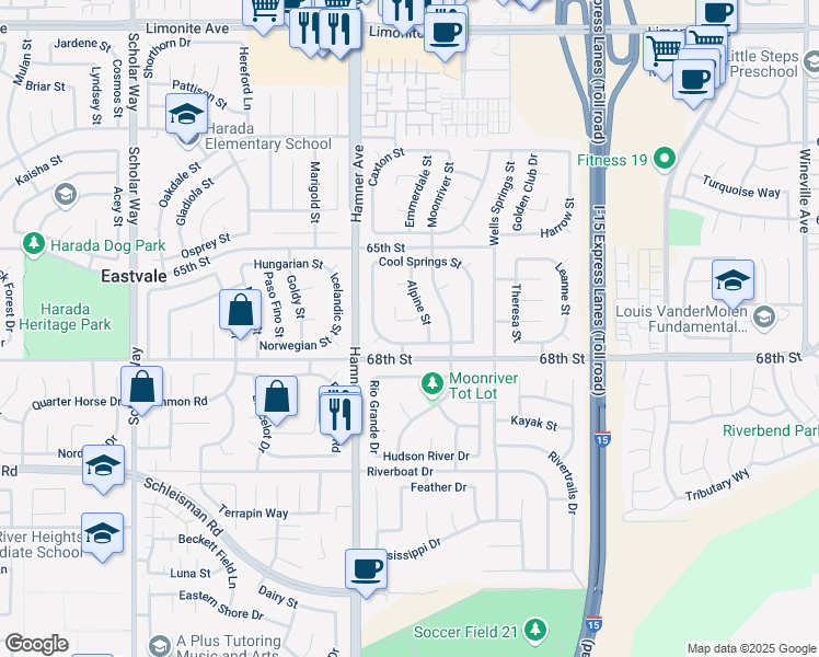 map of restaurants, bars, coffee shops, grocery stores, and more near 6712 Blue River Court in Eastvale