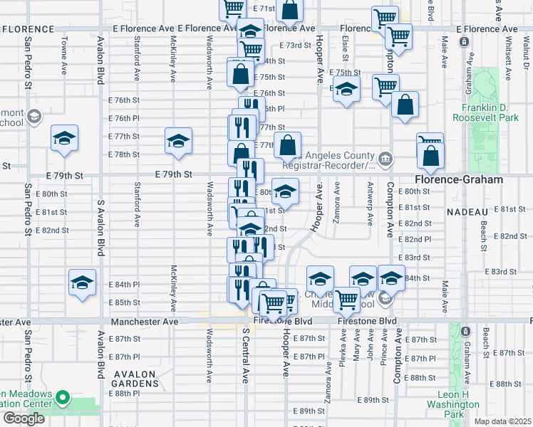 map of restaurants, bars, coffee shops, grocery stores, and more near 1138 East 81st Street in Los Angeles