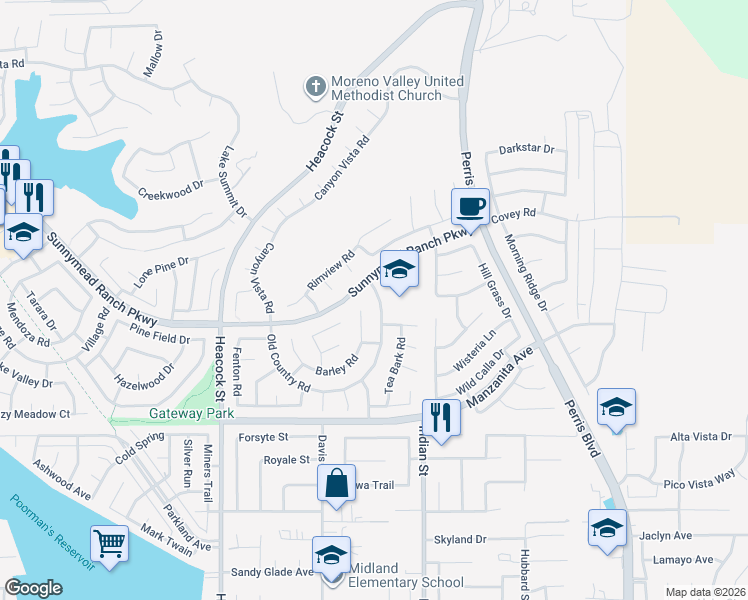 map of restaurants, bars, coffee shops, grocery stores, and more near 24455 Old Country Road in Moreno Valley